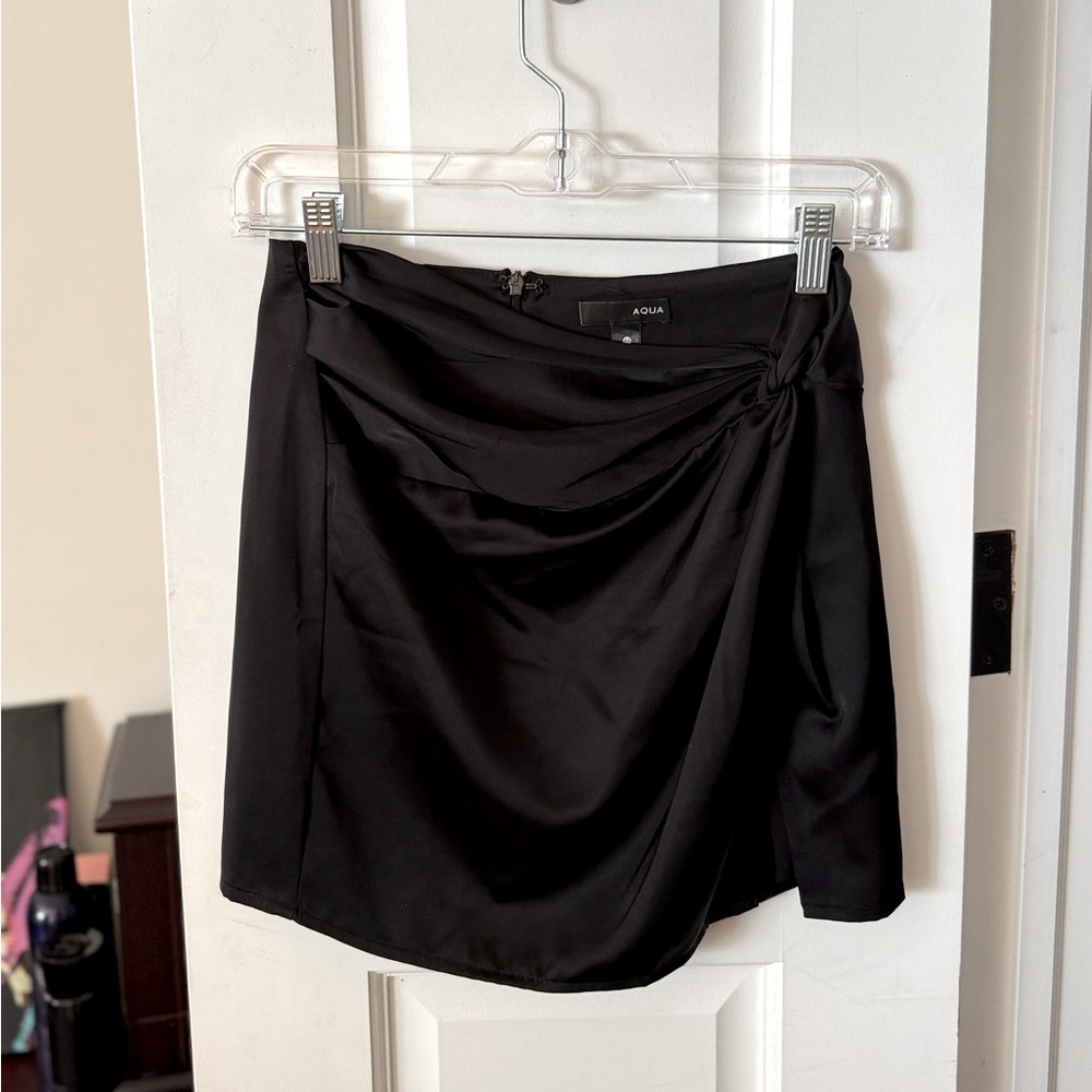 Aqua black wrap satin mini skirt with slit #miniskirt